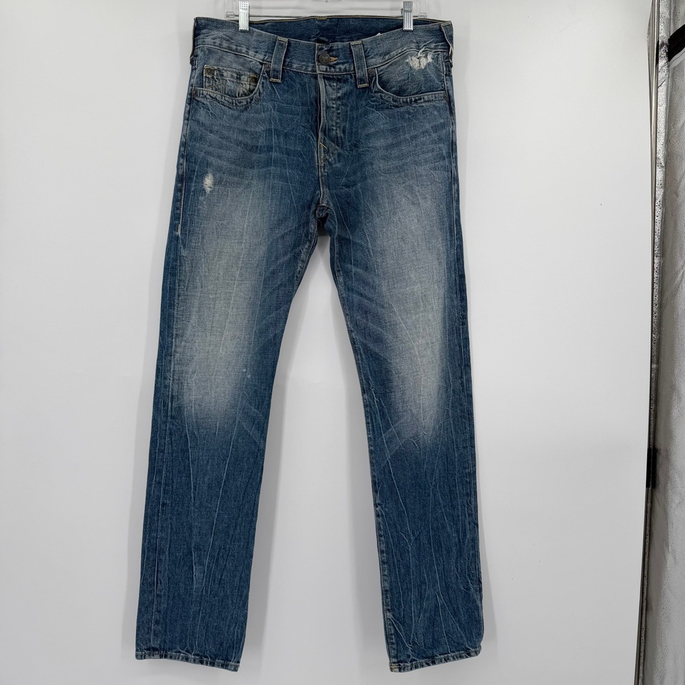 True Religion Rocco Relaxed Skinny Jeans Medium Blue Wash Distressed Mens 34